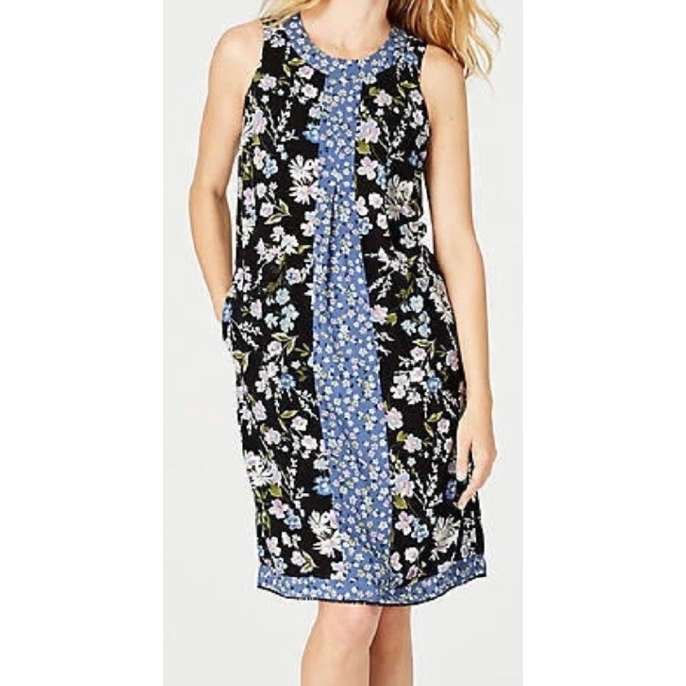 J. Jill XL Black Floral Sleeveless Shift Dress Mixed Print Rayon Pockets